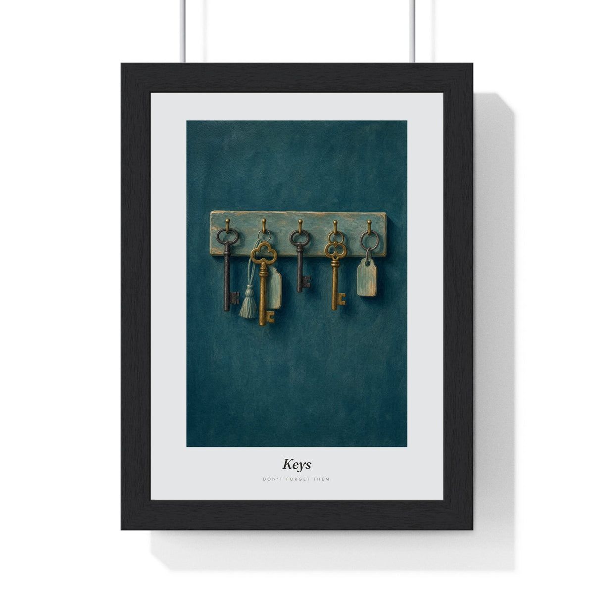 Vintage Keys Print framed in a black frame, ready to hang