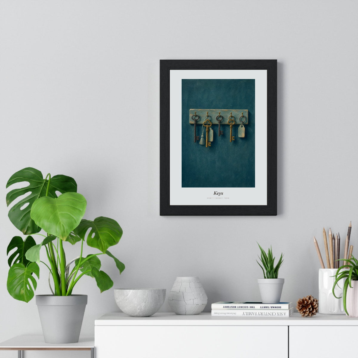 Vintage Keys Print framed on a living room wall