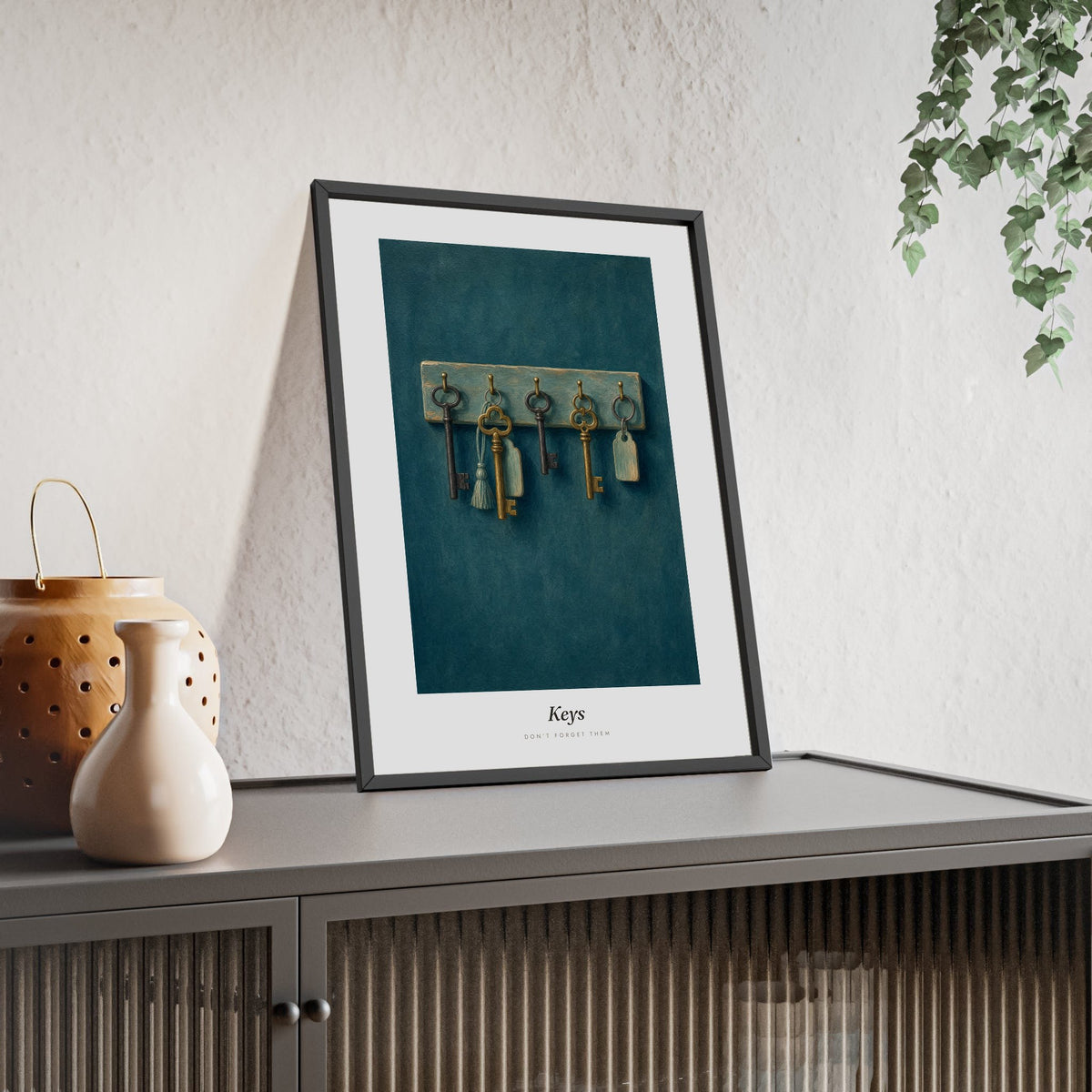 Vintage Keys Print framed and leaning on a sideboard