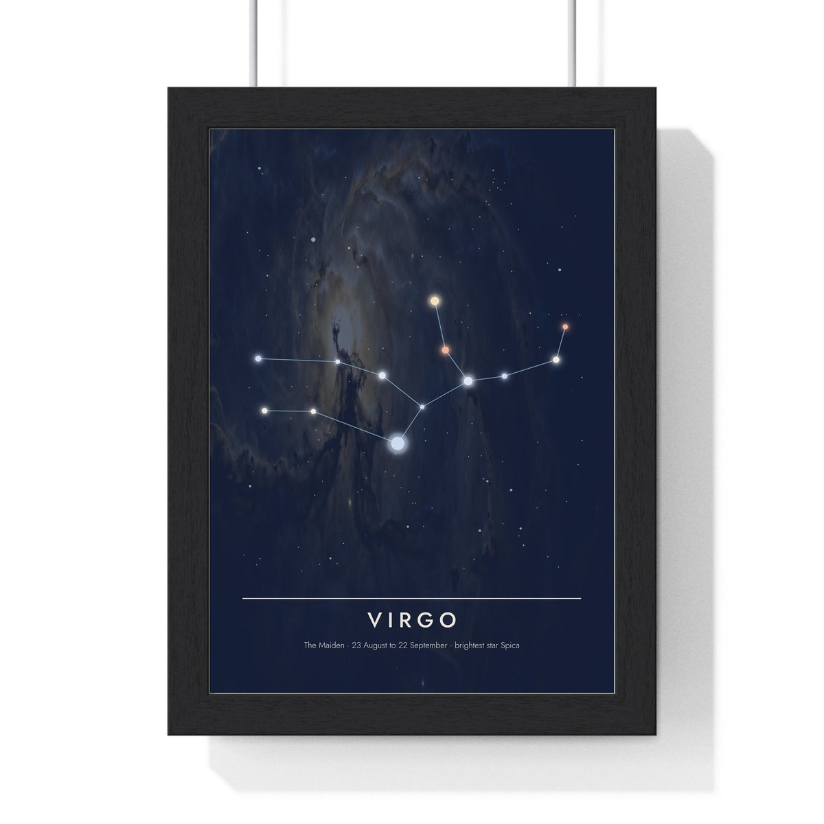 Virgo Constellation print framed in a black frame, ready to hang