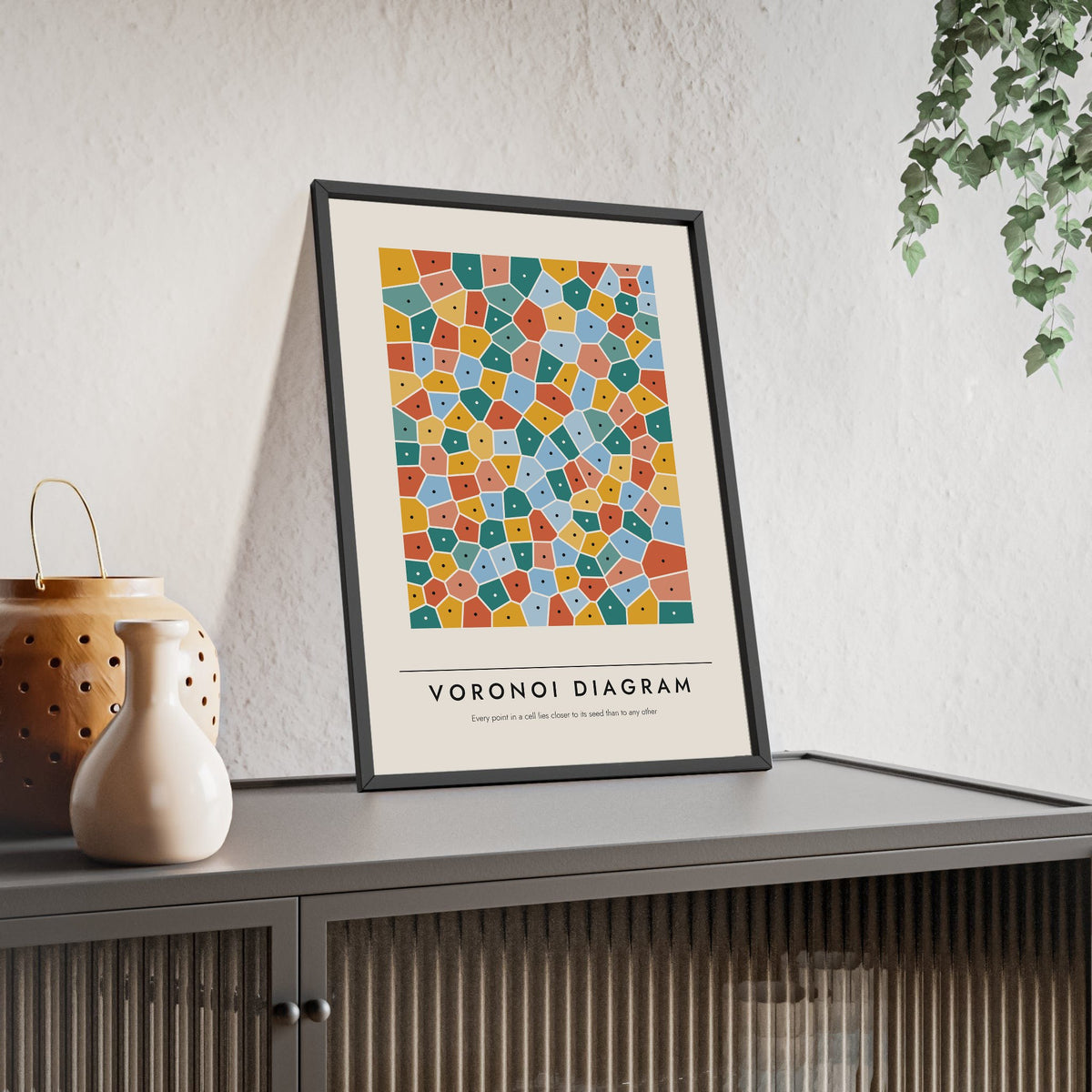 Voronoi Diagram print framed and leaning on a sideboard