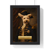Royal pet portrait from photo: a cockapoo painted as an admiral in a bicorne hat and navy coat, Renaissance oil painting style print with gold name plaque, framed