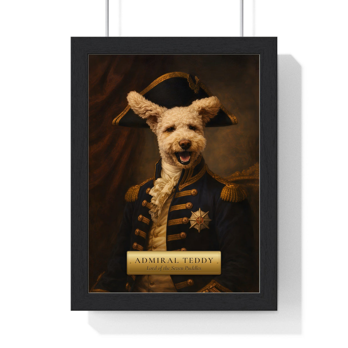 Royal pet portrait from photo: a cockapoo painted as an admiral in a bicorne hat and navy coat, Renaissance oil painting style print with gold name plaque, framed