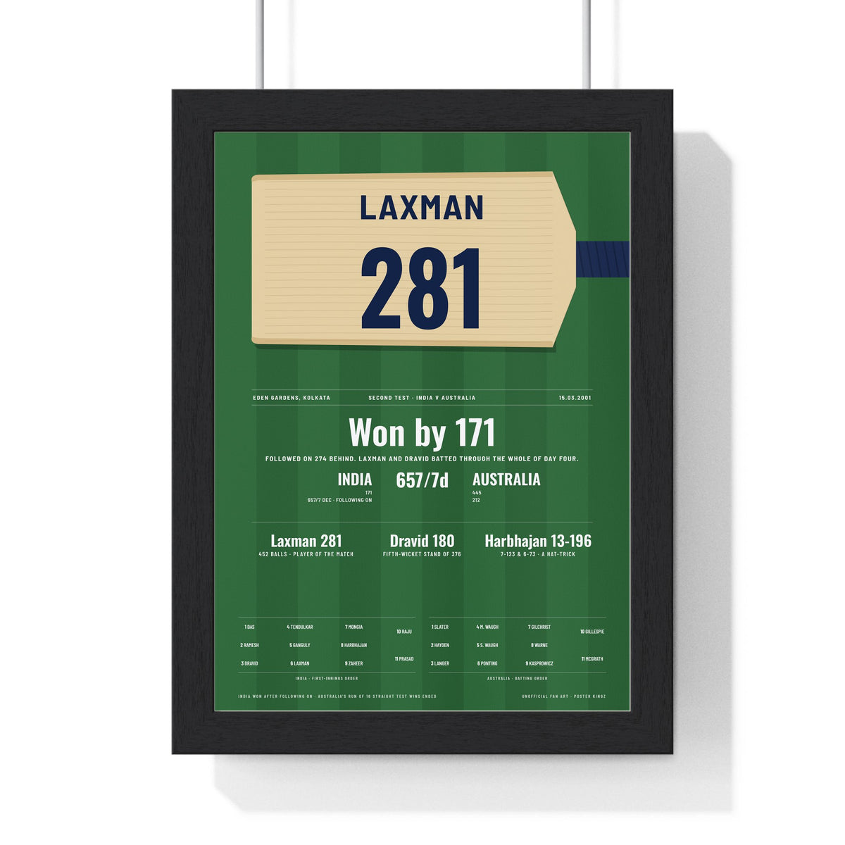 VVS Laxman Kolkata 2001 Cricket Poster - 281 Bat Print framed in a black frame, ready to hang