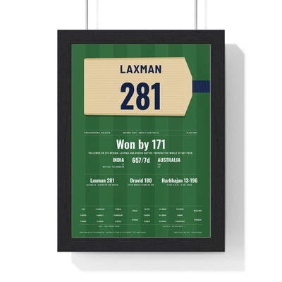 VVS Laxman Kolkata 2001 Cricket Poster - 281 Bat Print framed in a black frame, ready to hang