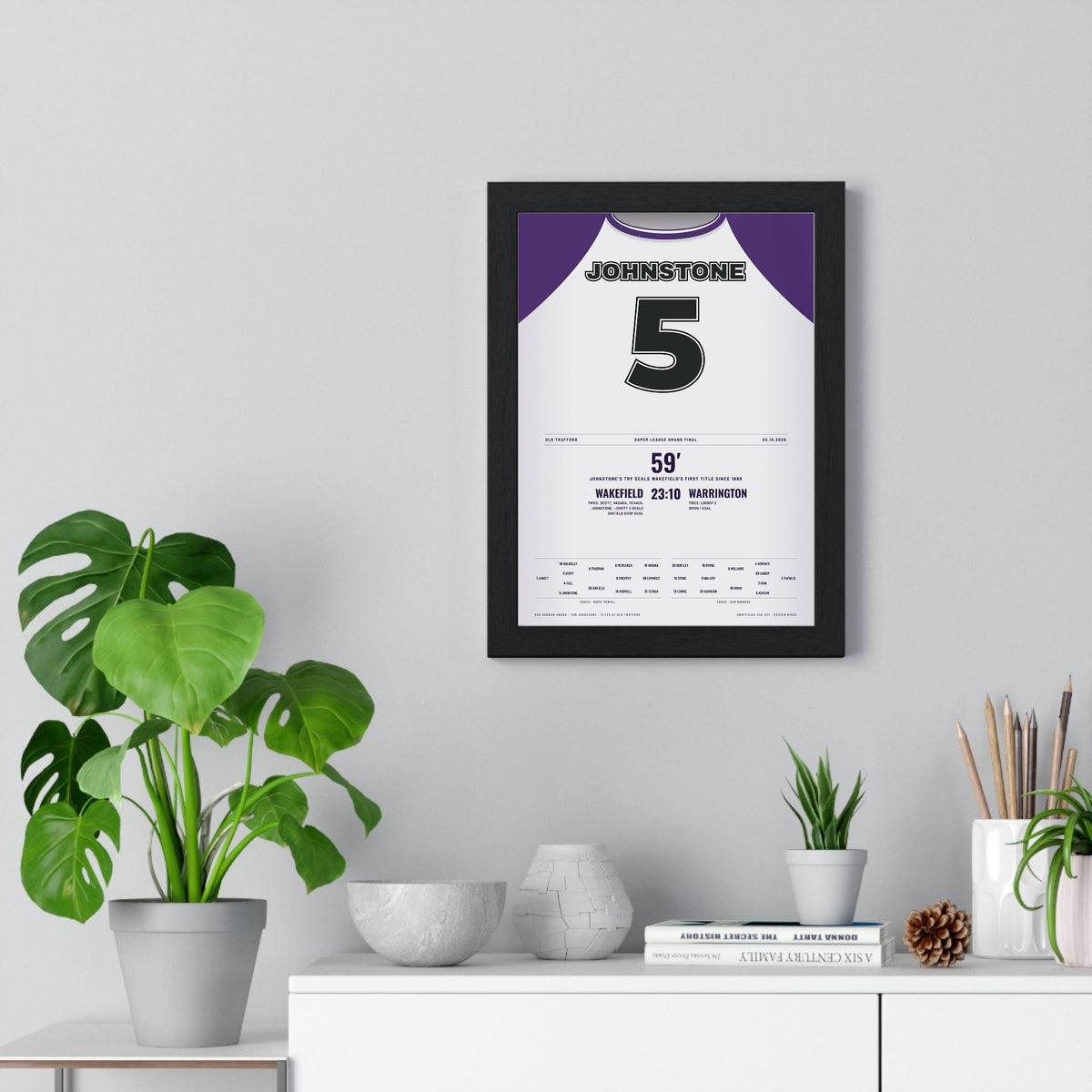Wakefield Trinity Super League Grand Final 2026 Poster - Tom Johnstone 5 Old Trafford Rugby Print framed on a living room wall