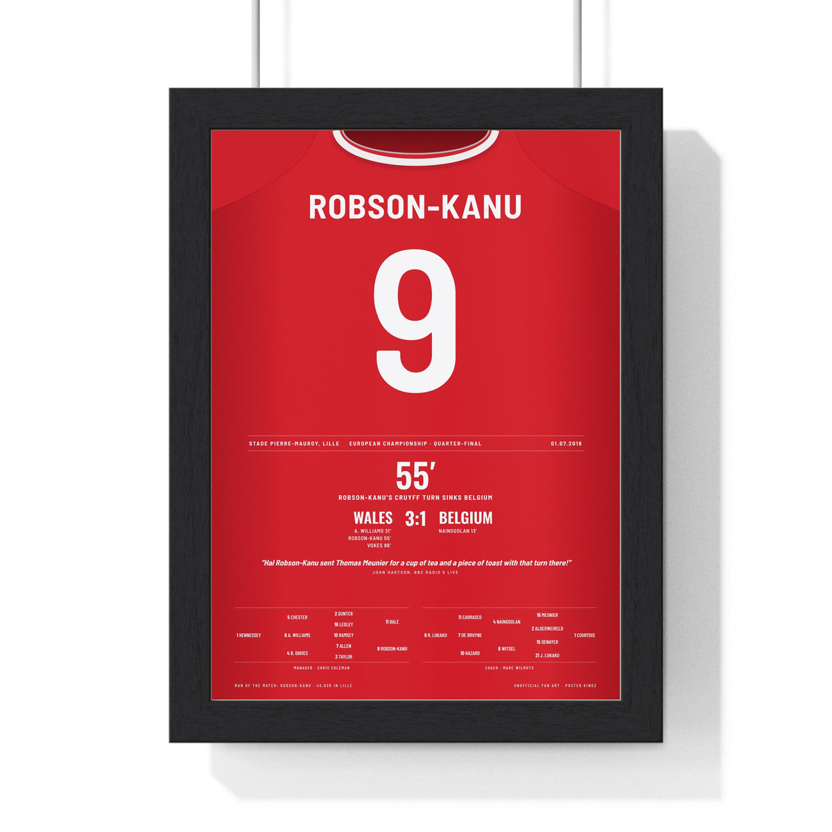 Wales Euro 2016 Poster - Hal Robson-Kanu 9 Cruyff Turn v Belgium Shirt Print framed in a black frame, ready to hang