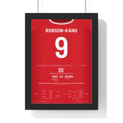 Wales Euro 2016 Poster - Hal Robson-Kanu 9 Cruyff Turn v Belgium Shirt Print framed in a black frame, ready to hang