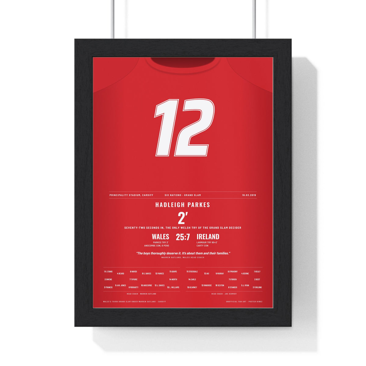 Wales Grand Slam 2019 Poster - Hadleigh Parkes 12 Try v Ireland Cardiff Rugby Print framed in a black frame, ready to hang