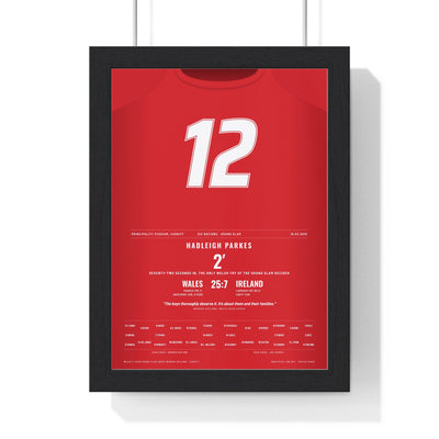 Wales Grand Slam 2019 Poster - Hadleigh Parkes 12 Try v Ireland Cardiff Rugby Print framed in a black frame, ready to hang