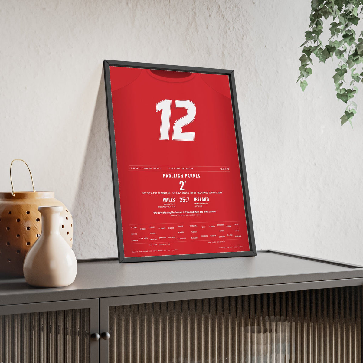 Wales Grand Slam 2019 Poster - Hadleigh Parkes 12 Try v Ireland Cardiff Rugby Print framed and leaning on a sideboard