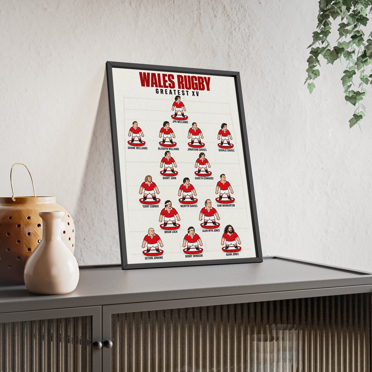 Wales Rugby Greatest XV framed print leaning on a sideboard