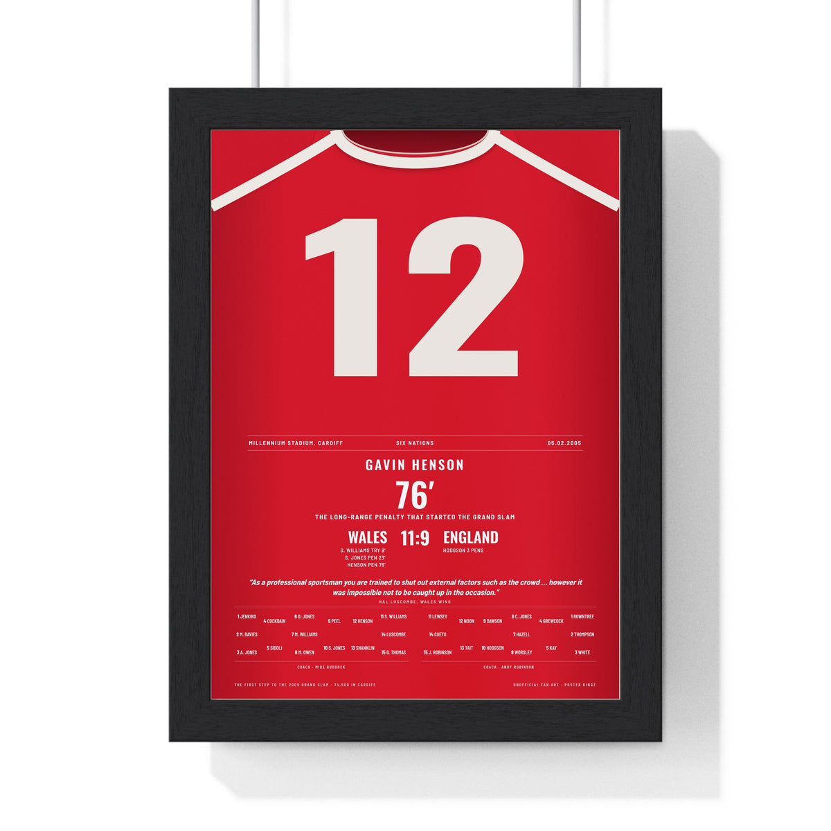 Wales v England Six Nations 2005 Poster - Gavin Henson 12 Winning Penalty Grand Slam Print framed in a black frame, ready to hang