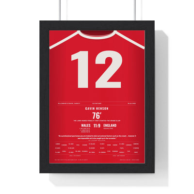 Wales v England Six Nations 2005 Poster - Gavin Henson 12 Winning Penalty Grand Slam Print framed in a black frame, ready to hang