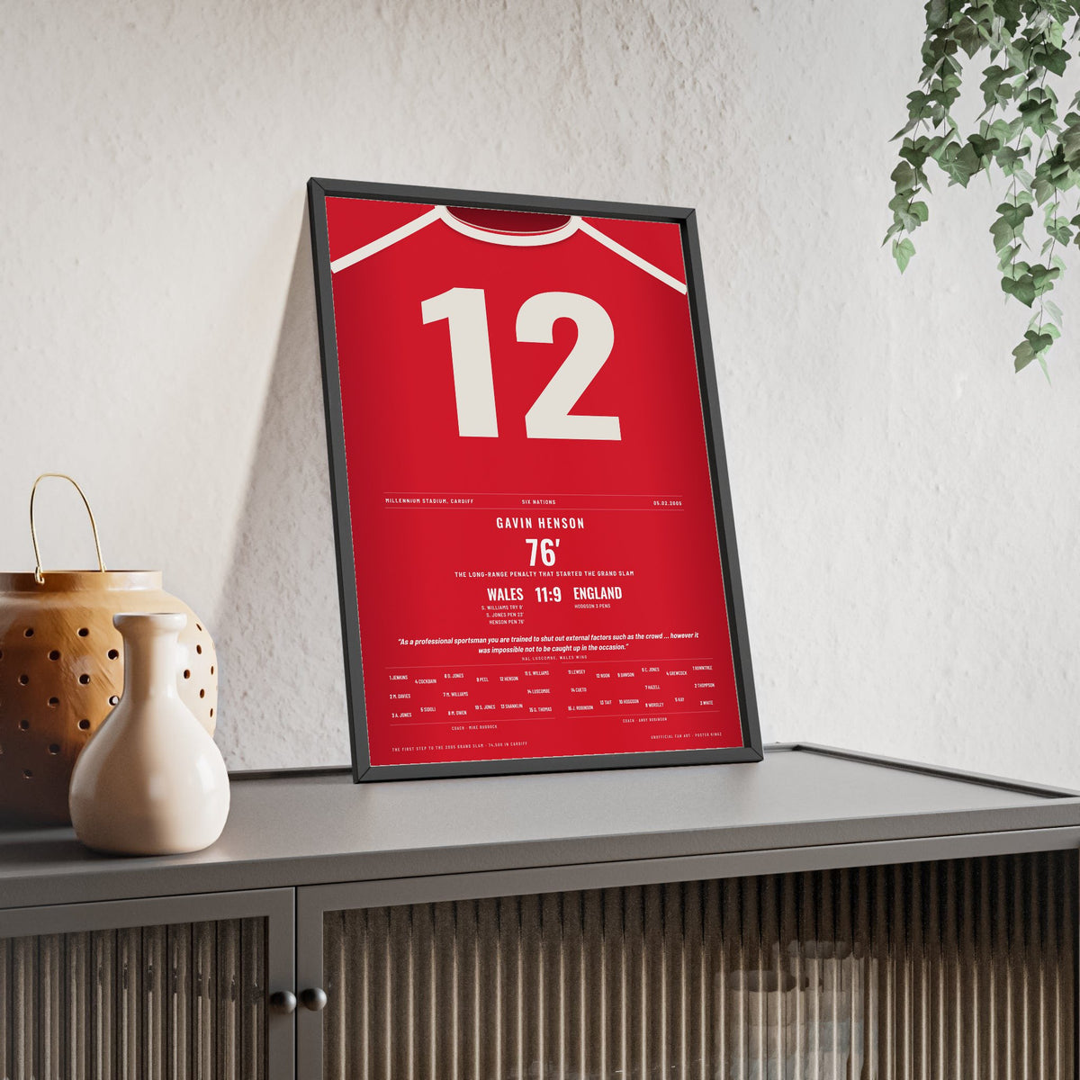 Wales v England Six Nations 2005 Poster - Gavin Henson 12 Winning Penalty Grand Slam Print framed and leaning on a sideboard