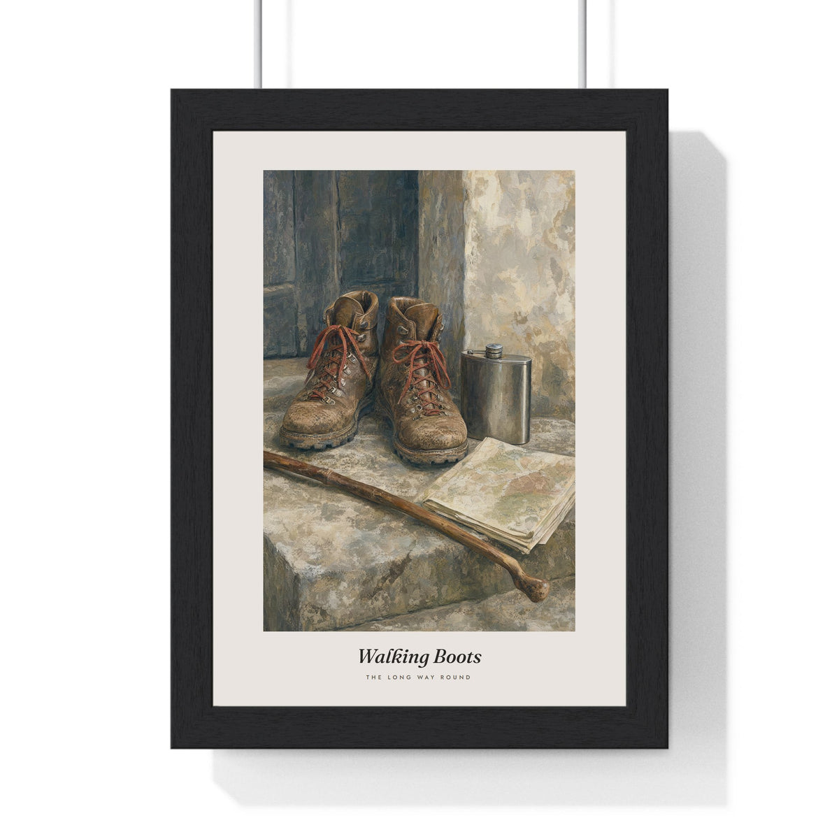 Walking Boots Print framed in a black frame, ready to hang