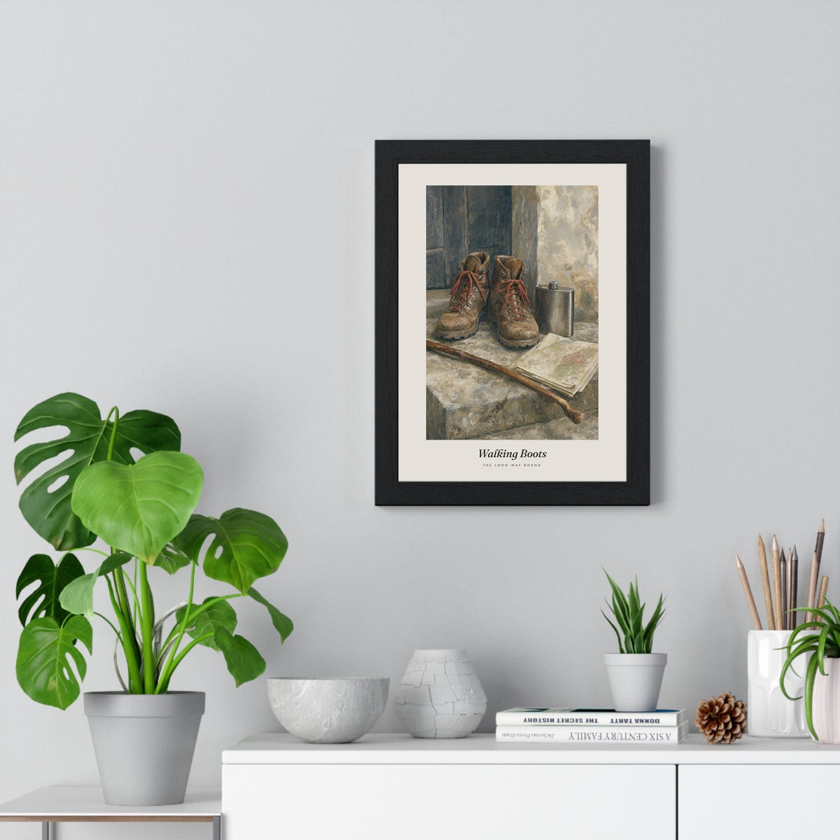 Walking Boots Print framed on a living room wall
