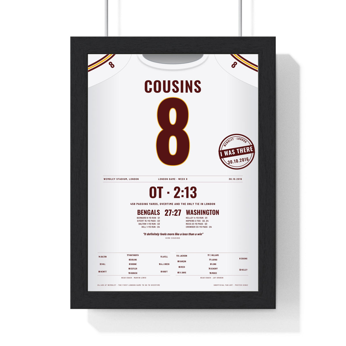 Washington NFL London 2016 Poster - Kirk Cousins 8 Wembley Overtime Tie Jersey Print with the I WAS THERE stamp