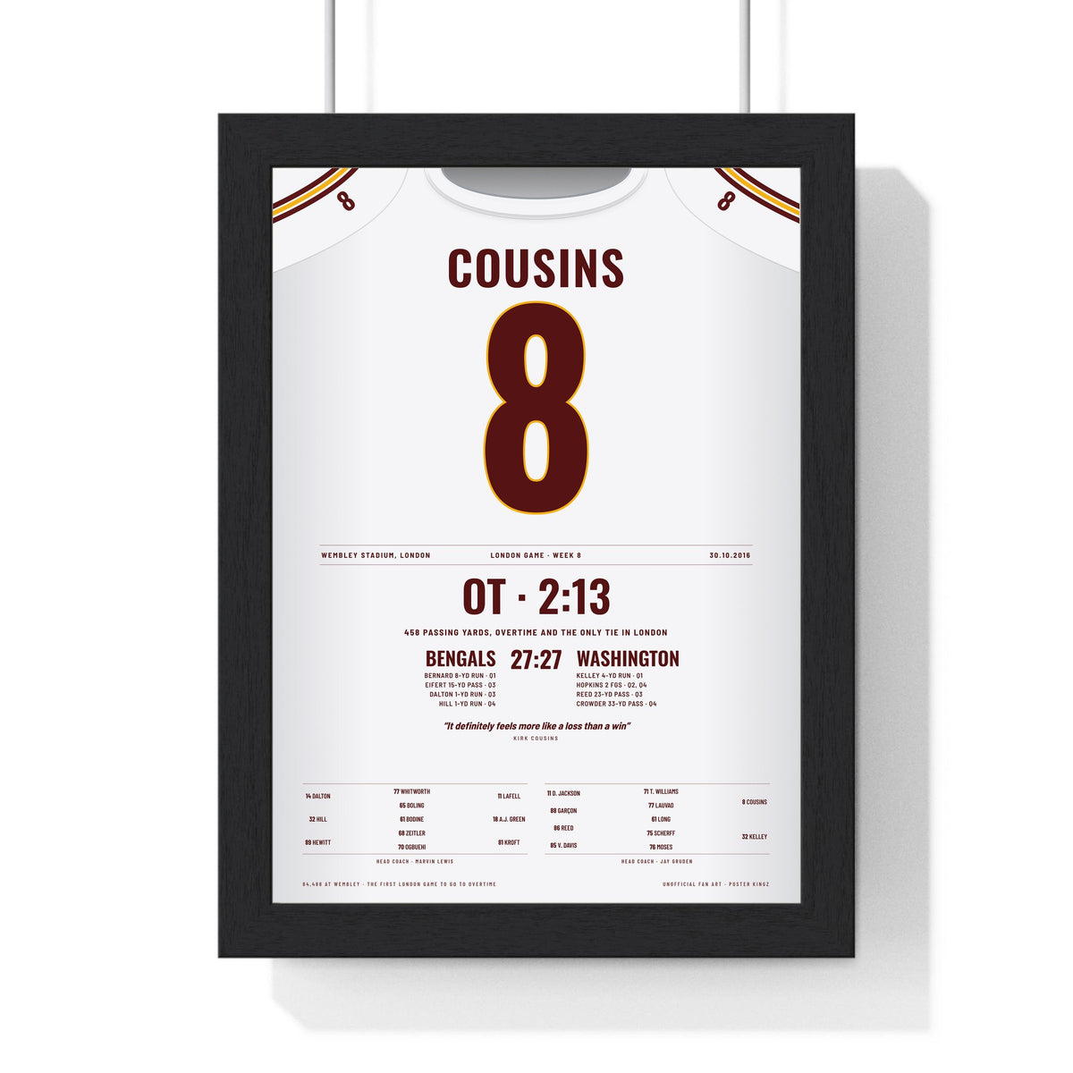 Washington NFL London 2016 Poster - Kirk Cousins 8 Wembley Overtime Tie Jersey Print framed in a black frame, ready to hang
