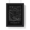 Washington DC street map poster in black, minimal city map print framed in a black frame