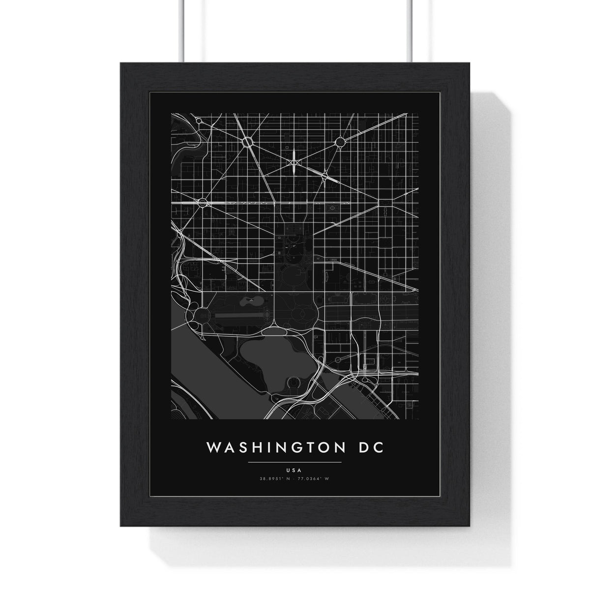 Washington DC street map poster in black, minimal city map print framed in a black frame