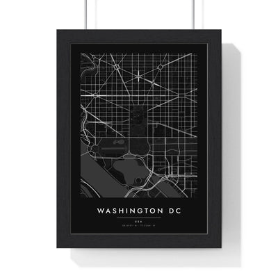 Washington DC street map poster in black, minimal city map print framed in a black frame