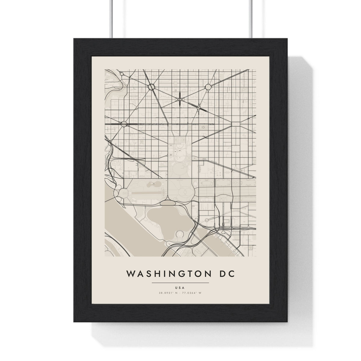 Washington DC street map poster in cream, minimal city map print framed in a black frame