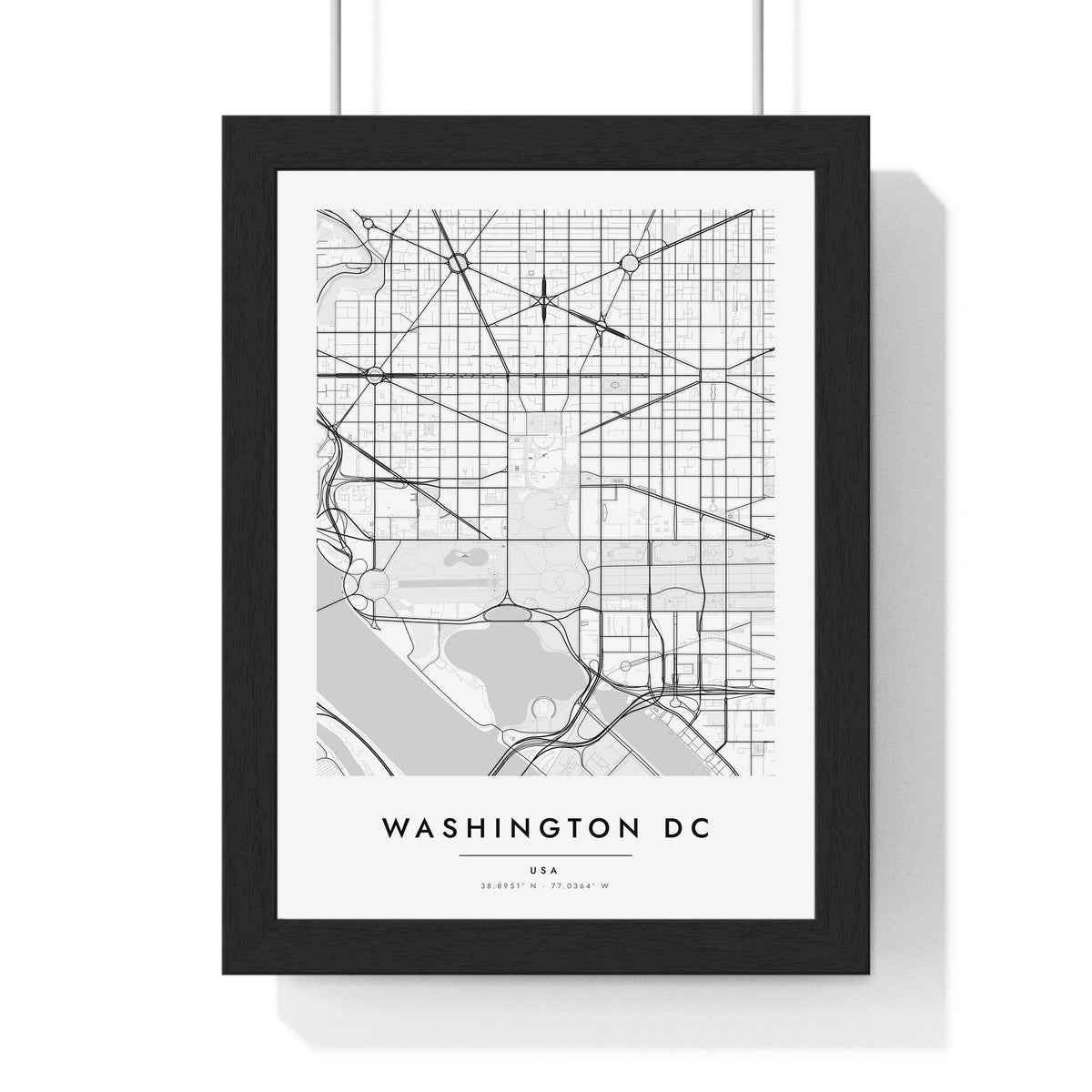 Washington DC street map poster in white, minimal city map print framed in a black frame