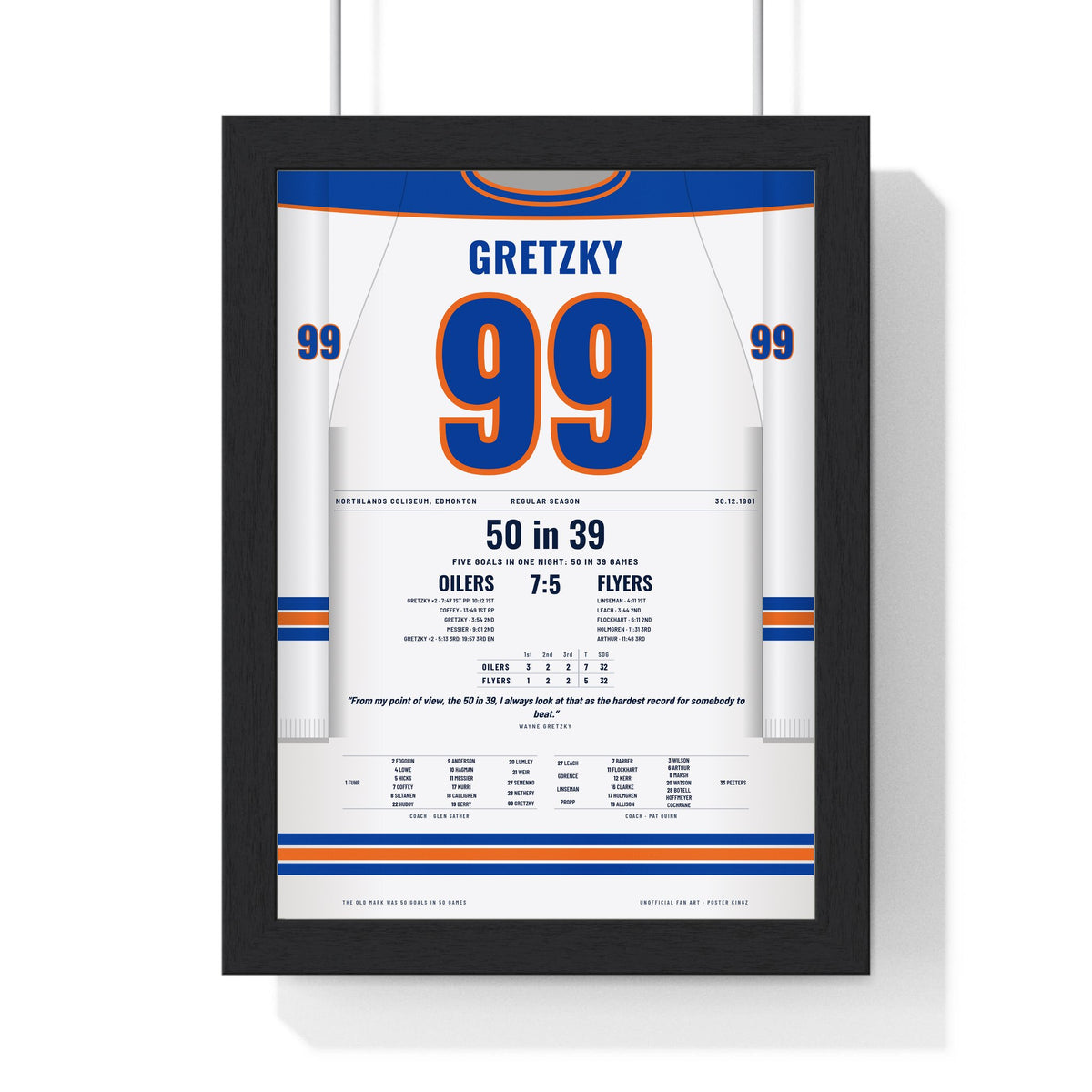 Wayne Gretzky 1981 50 Goals in 39 Games Poster - Edmonton Oilers 99 Hockey Jersey Print framed in a black frame, ready to hang