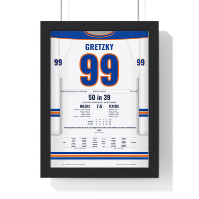 Wayne Gretzky 1981 50 Goals in 39 Games Poster - Edmonton Oilers 99 Hockey Jersey Print framed in a black frame, ready to hang