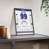 Wayne Gretzky 1981 50 Goals in 39 Games Poster - Edmonton Oilers 99 Hockey Jersey Print framed and leaning on a sideboard