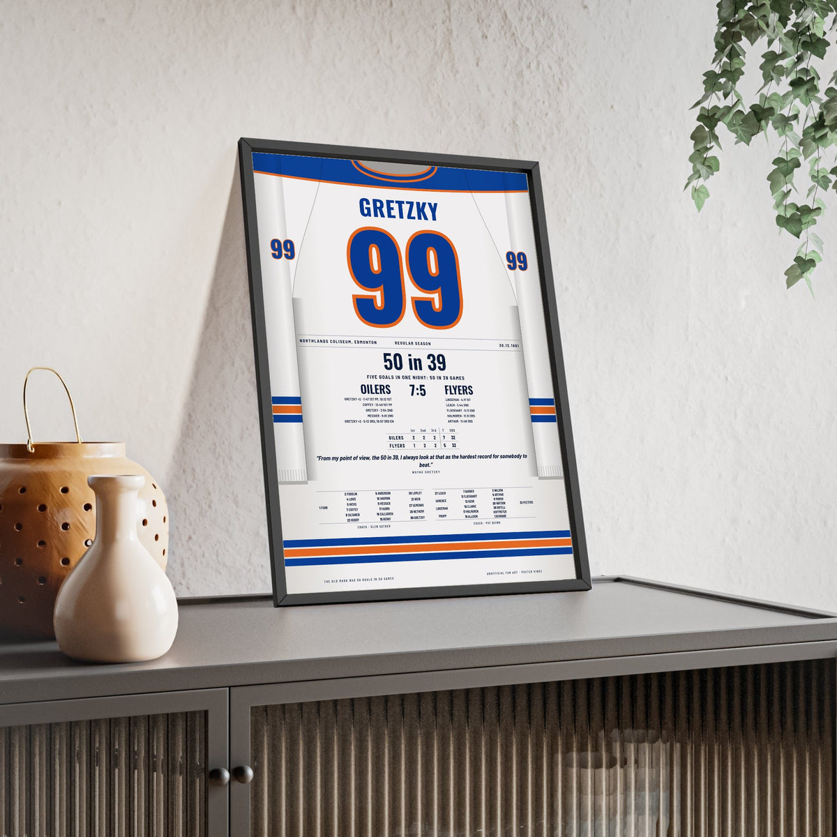 Wayne Gretzky 1981 50 Goals in 39 Games Poster - Edmonton Oilers 99 Hockey Jersey Print framed and leaning on a sideboard