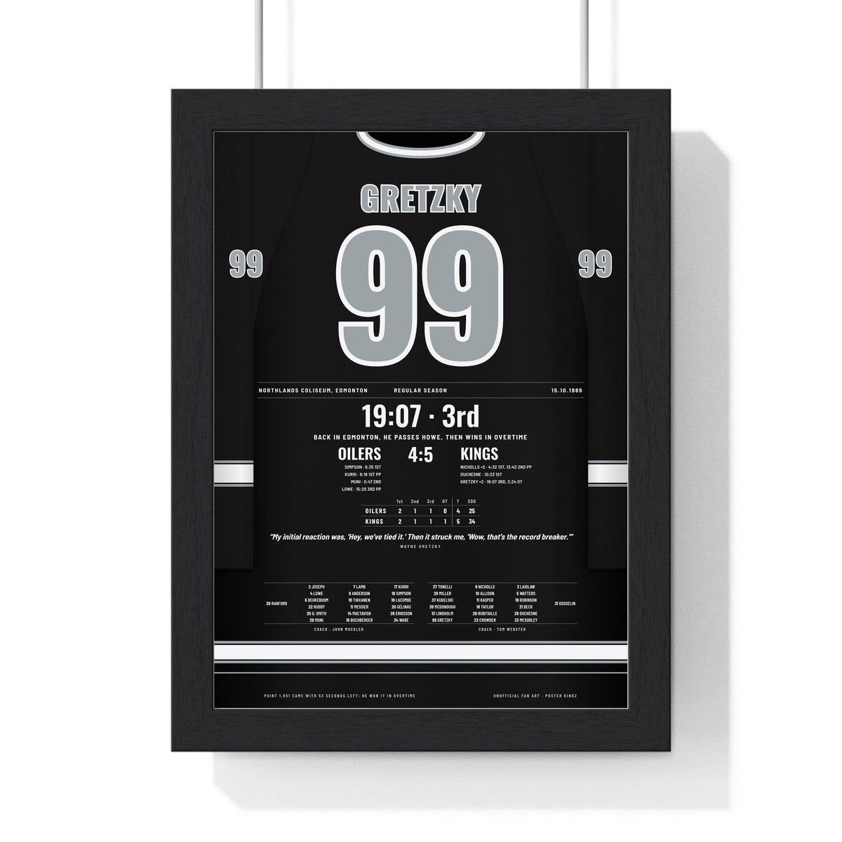 Wayne Gretzky 1989 Points Record Night Poster - Los Angeles Kings 99 Hockey Jersey Print framed in a black frame, ready to hang