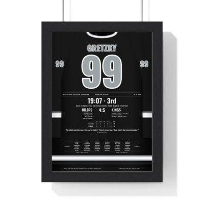 Wayne Gretzky 1989 Points Record Night Poster - Los Angeles Kings 99 Hockey Jersey Print framed in a black frame, ready to hang