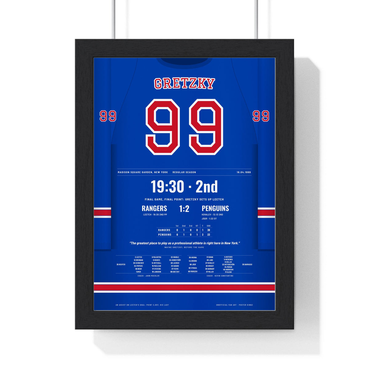 Wayne Gretzky 1999 Final Game Poster - New York Rangers 99 Hockey Jersey Print framed in a black frame, ready to hang