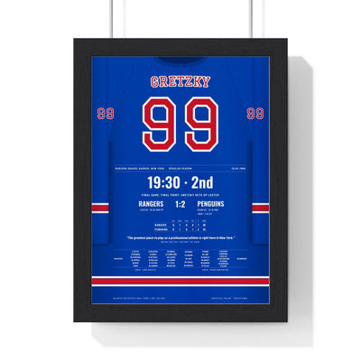 Wayne Gretzky 1999 Final Game Poster - New York Rangers 99 Hockey Jersey Print framed in a black frame, ready to hang