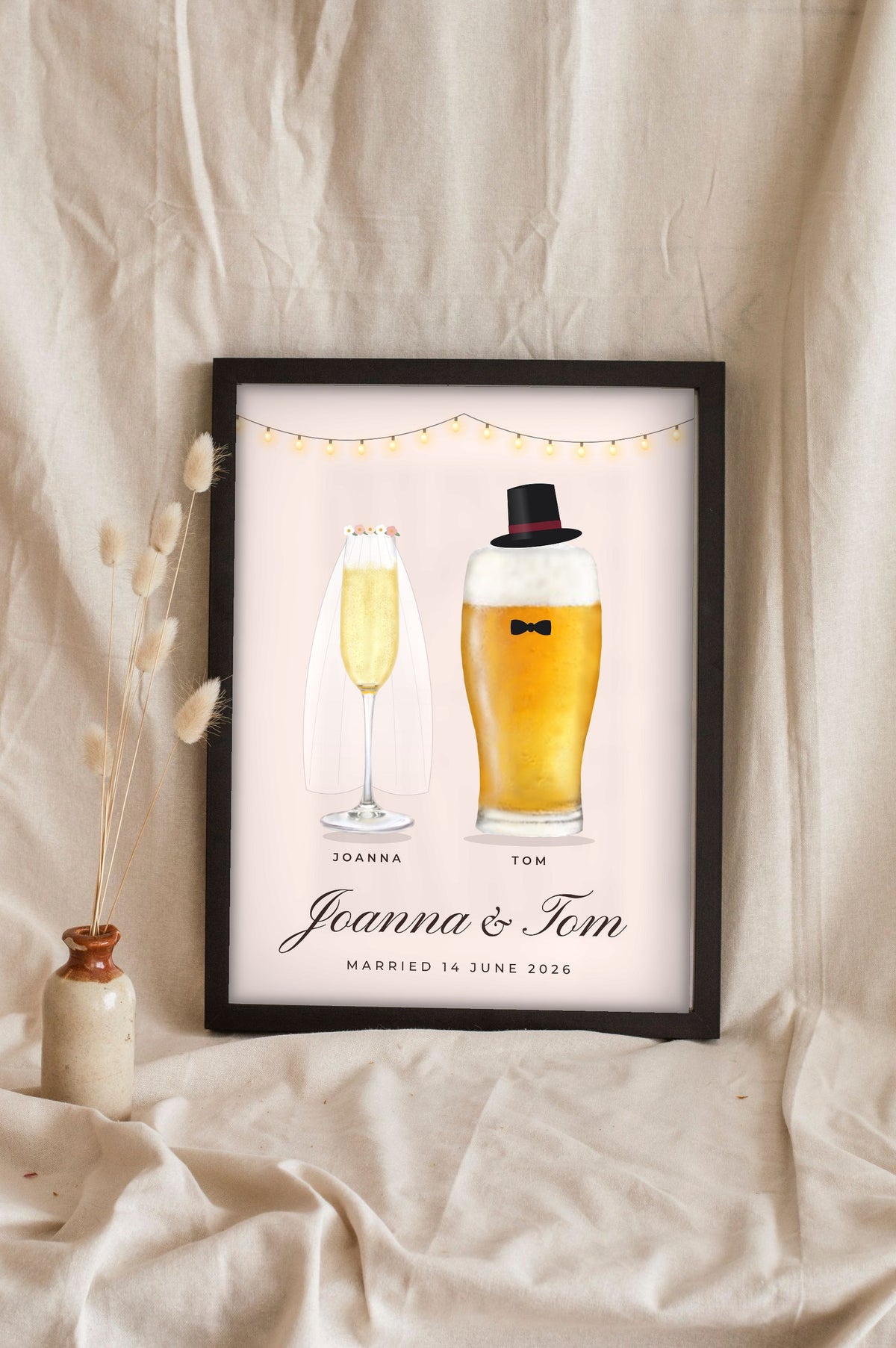 Personalised Mr & Mrs Drinks Print - Lifestyle - leaning in a frame with dried flowers