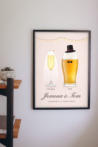 Personalised Mr & Mrs Drinks Print - Lifestyle - hanging on a living room wall