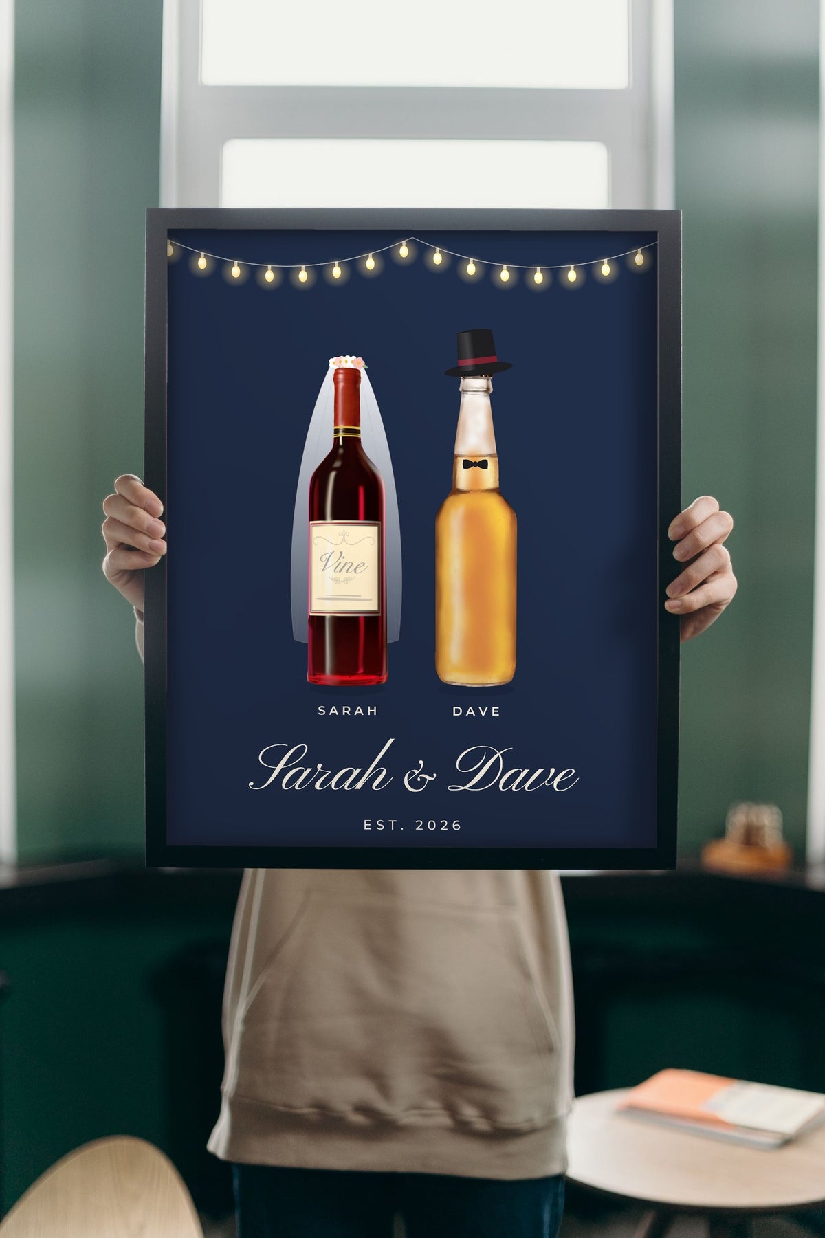 Personalised Mr & Mrs Drinks Print - Lifestyle - held up in a bright room