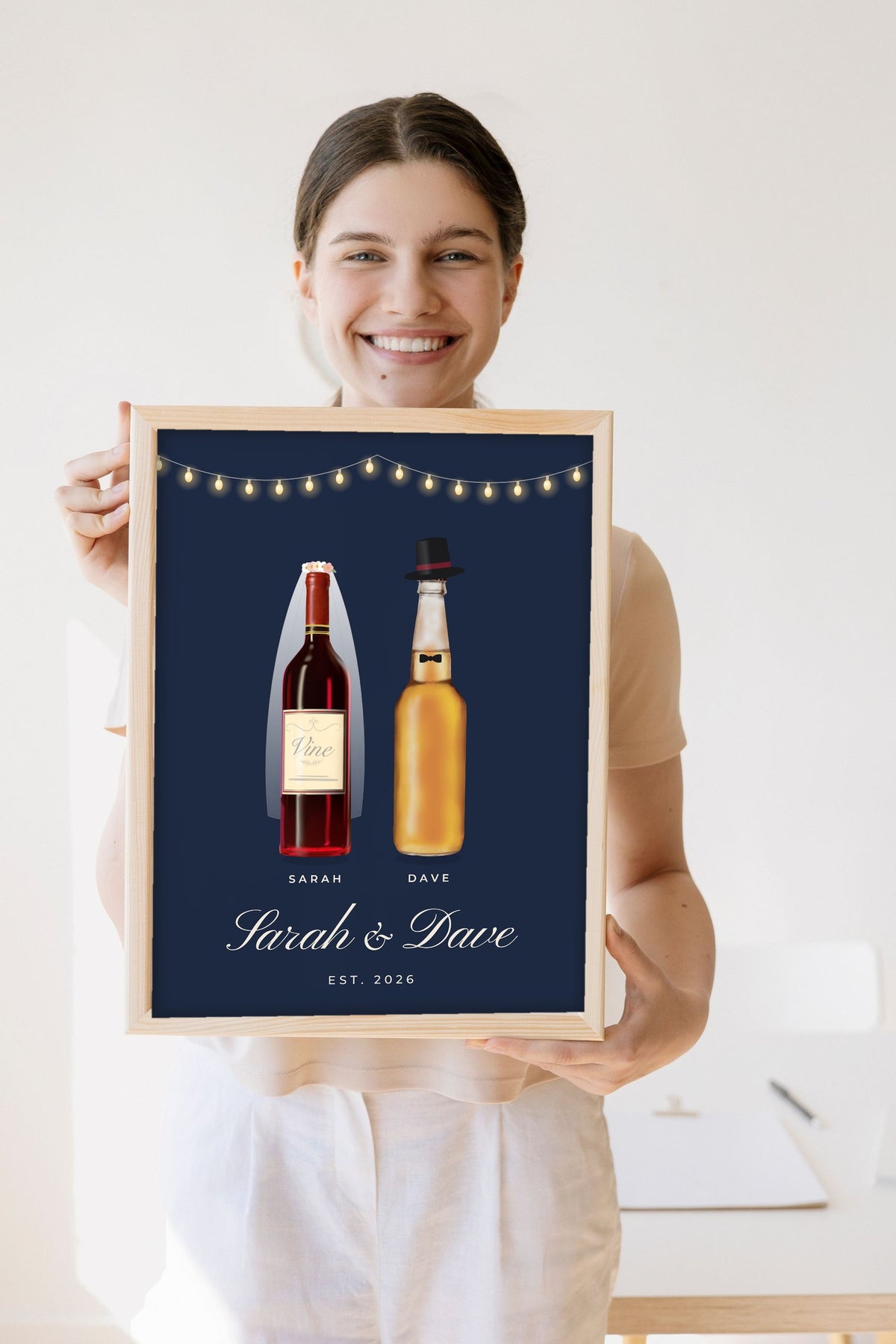 Personalised Mr & Mrs Drinks Print - Lifestyle - held by a smiling woman