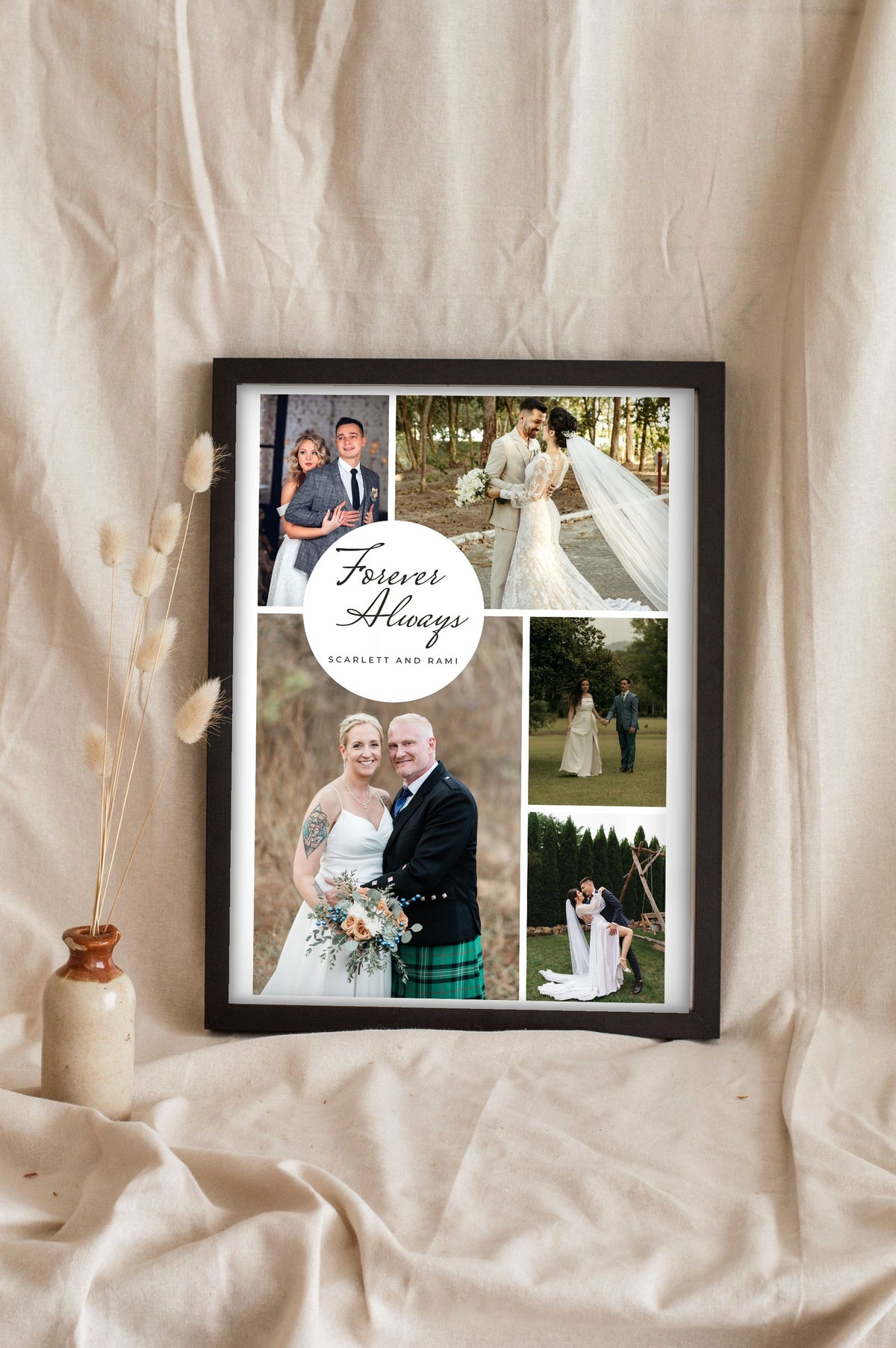Personalised Wedding Photo Collage Print - Lifestyle - leaning in a frame with dried flowers