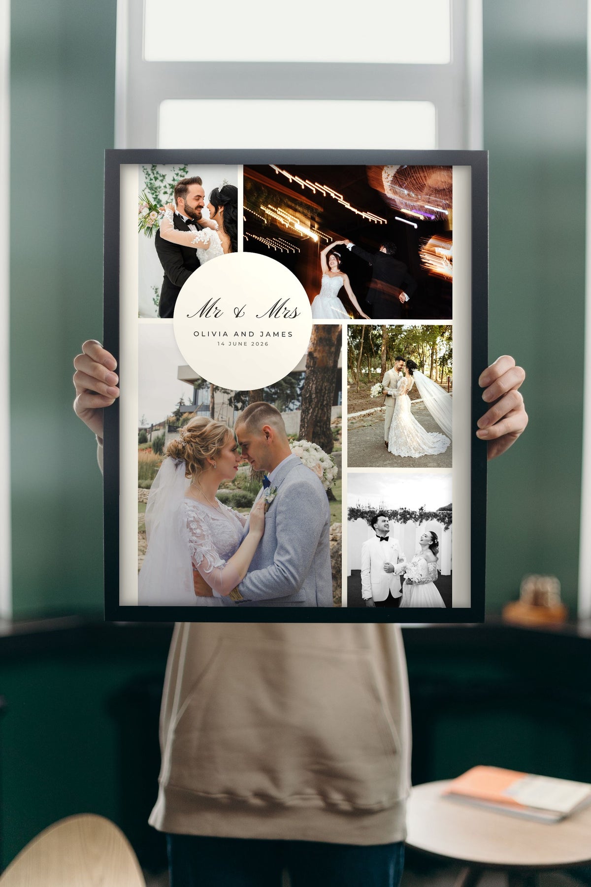 Personalised Wedding Photo Collage Print - Lifestyle - held up in a bright room