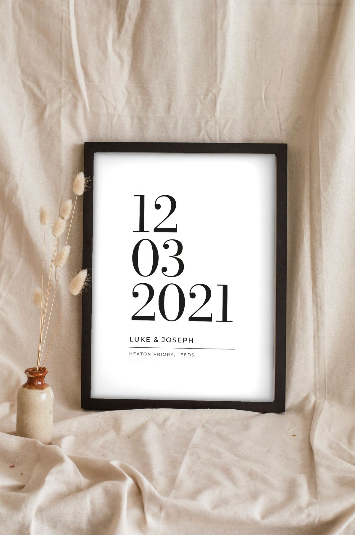 Personalised Wedding Date Print - Lifestyle - leaning in a frame with dried flowers