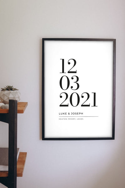 Personalised Wedding Date Print - Lifestyle - hanging on a living room wall