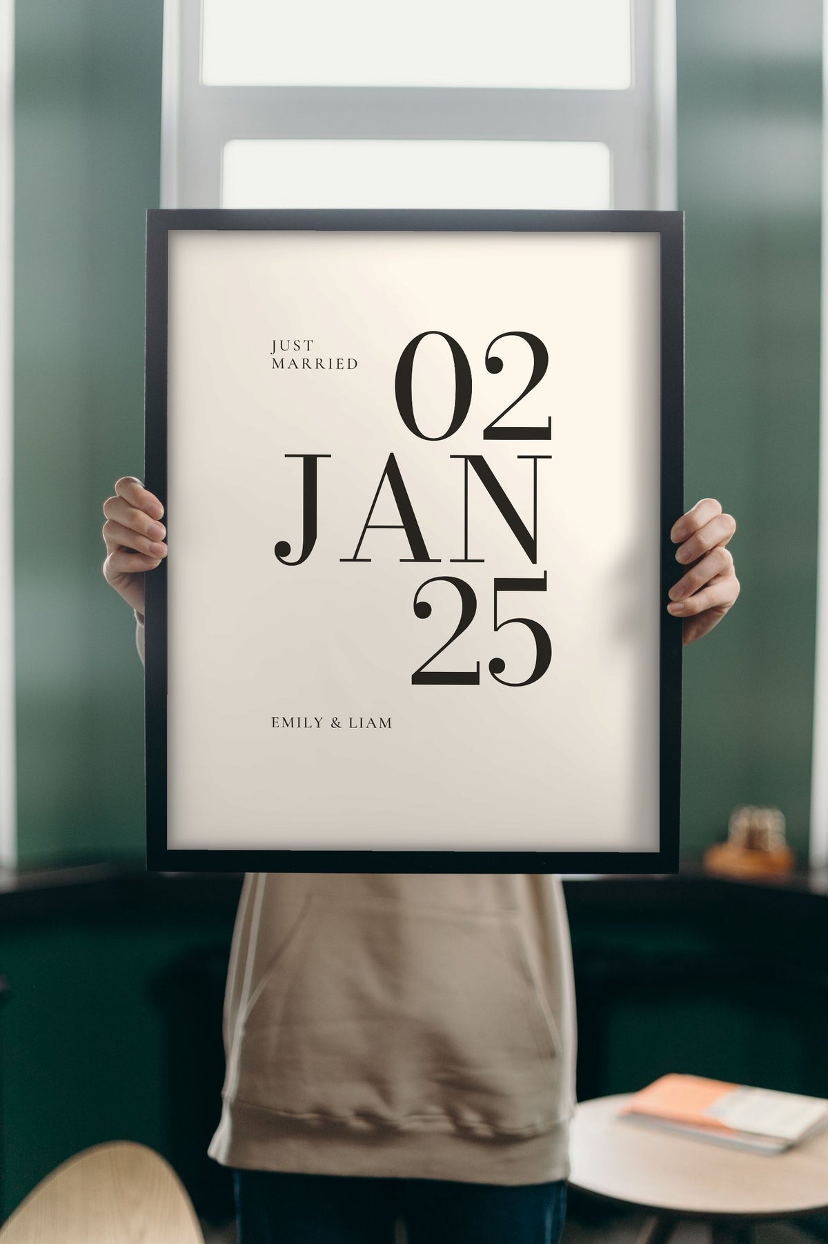 Personalised Wedding Date Print - Lifestyle - held up in a bright room