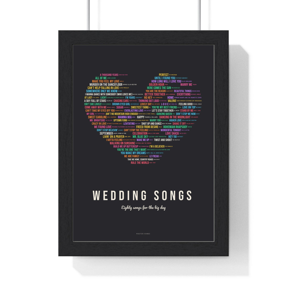 Wedding Songs Poster framed in a black frame, ready to hang