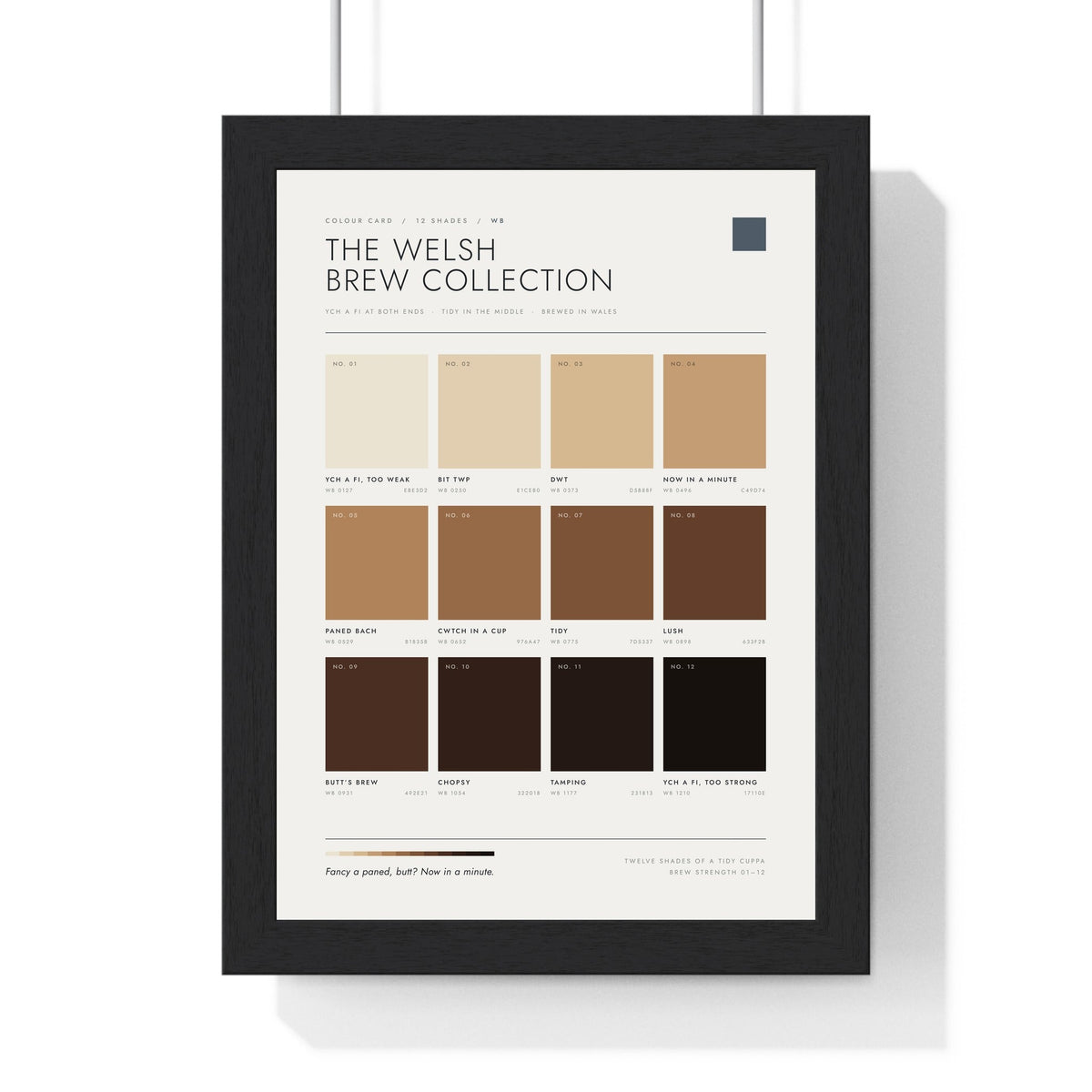 Welsh Brew Colour Chart in a black frame, one of the three prints in the Welsh set