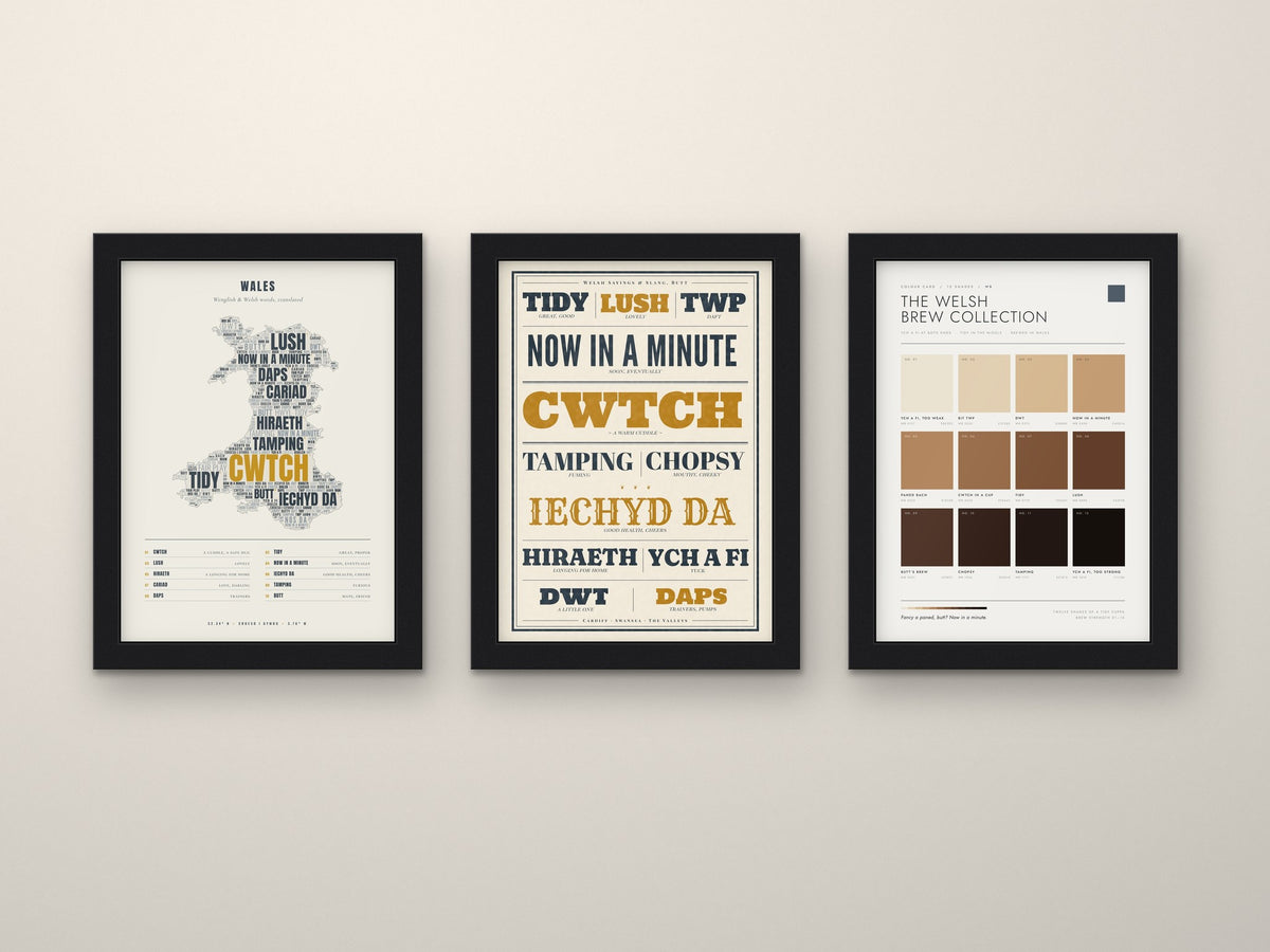 Welsh Sayings Set of 3 Prints framed side by side on a wall