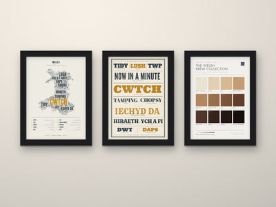 Welsh Sayings Set of 3 Prints framed side by side on a wall