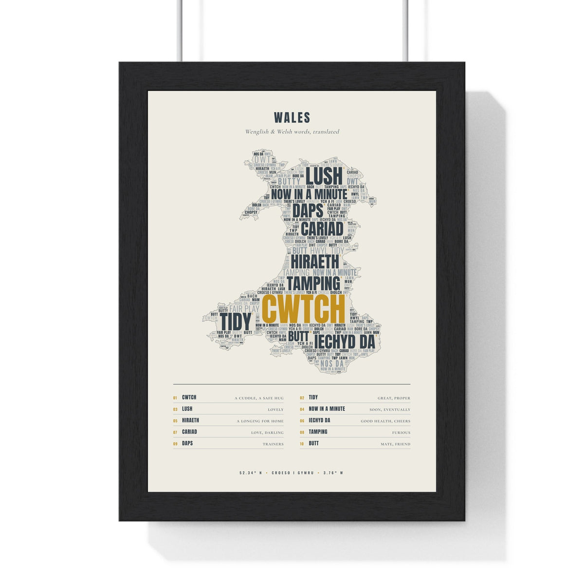 Welsh Sayings Word Map in a black frame, one of the three prints in the Welsh set